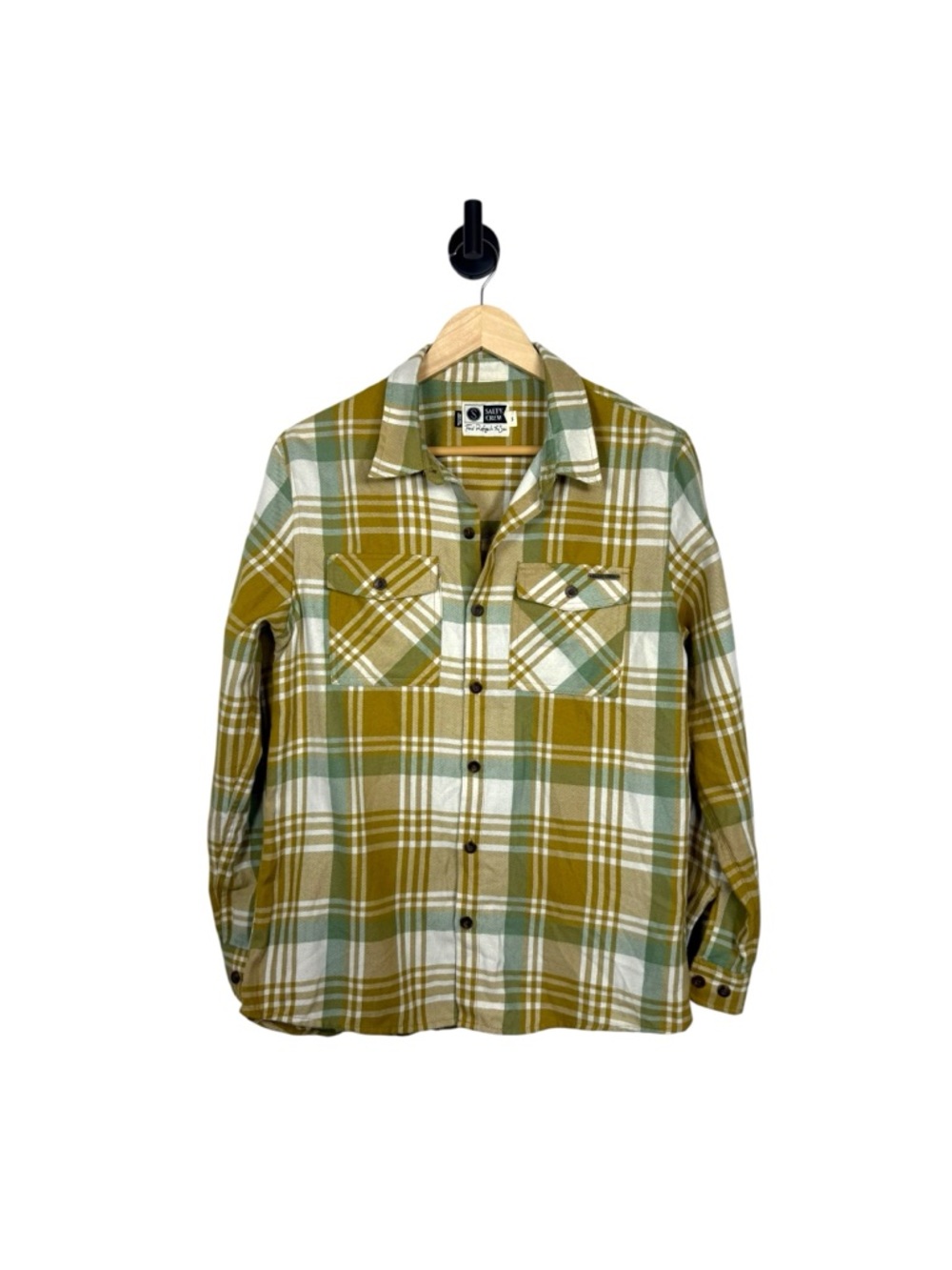 Salty Crew Plaid Button Up Shirt Green Mustard Flannel Style Long Sleeve Size S